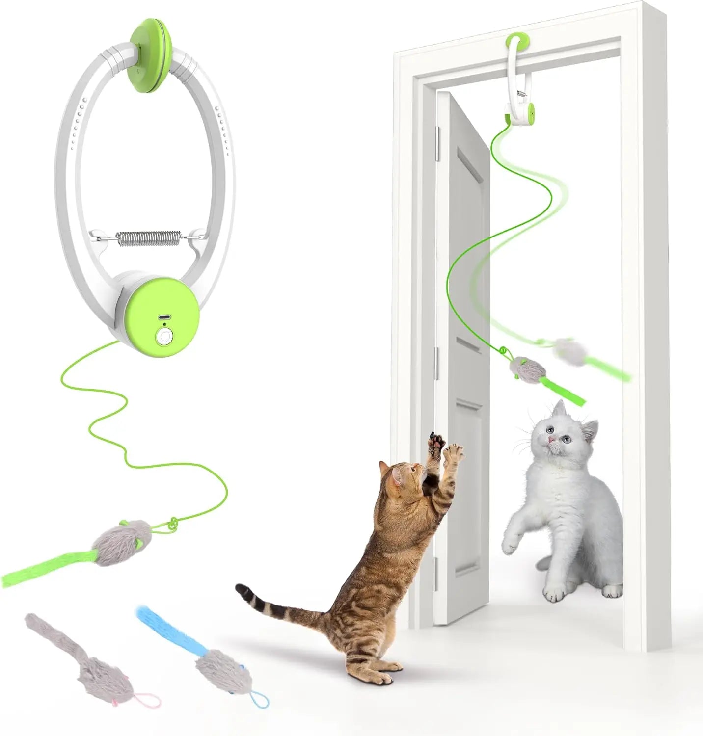 Interactive Cat Toys for Indoor Cats, Smart USB Rechargeable Door Hanging retractable cat toy, with 3 Catnip Mice, for Bored Cat