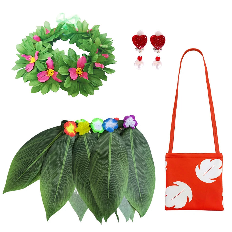 Halloween Costume for Girls Chirdren Summer Red and Green Floral Hawaiian Party Dress with Wreath Outfit for Halloween