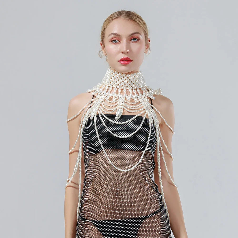 Sexy Pearl Body Chain For Women Necklaces Shawl Female Punk Style Beaded Collar Shoulder Sweater Long Chain Bridal Body Jewelry