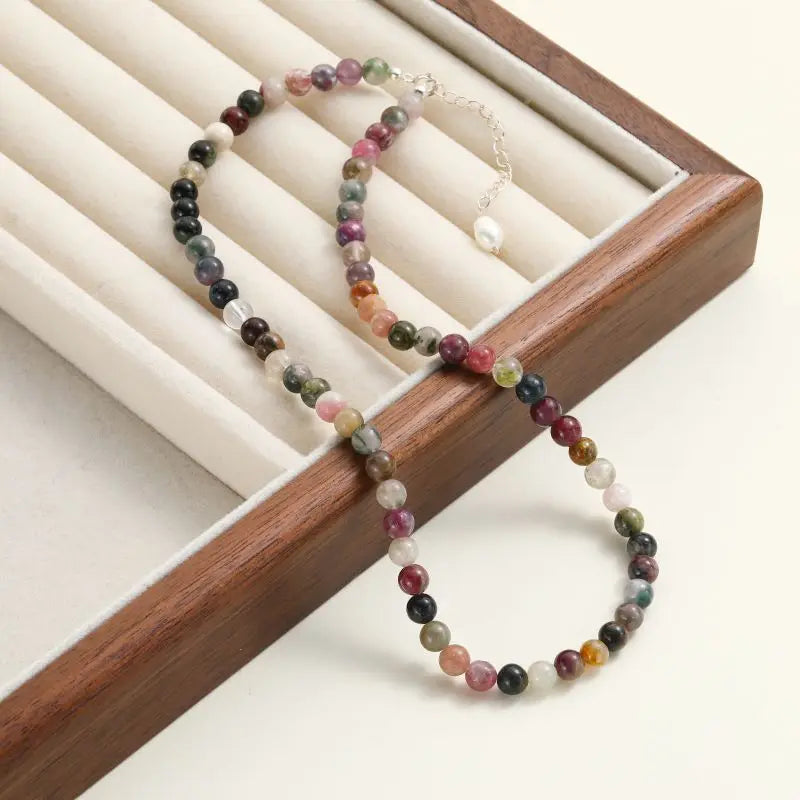 S925 Silver 5-6mm Faceted Tourmaline Necklace Rainbow Multicolor Gemstones Natural Stones Beaded Freshwater Pearl For Women Girl