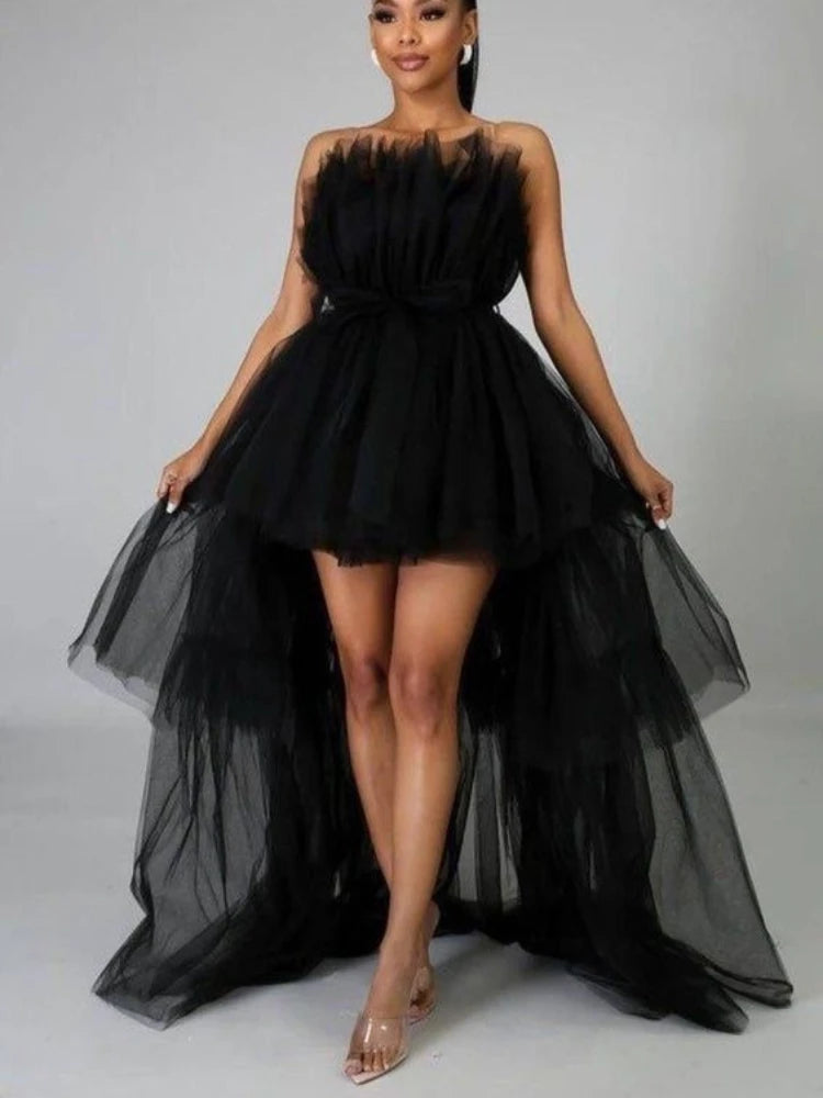 CM.YAYA Women Strapless Mesh Ball Gown High Low Irregular Cocktail Dress 2023 Autumn Vestidos Sexy Party Even Dresses