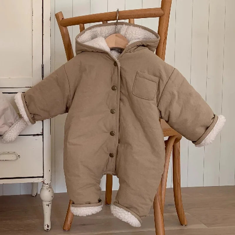 2025 Winter New Baby Fleece Hooded Romper Solid Infant Boy Lamb Cashmere Jumpsuit Plus Velvet Thick Toddler Girl Warm Clothes