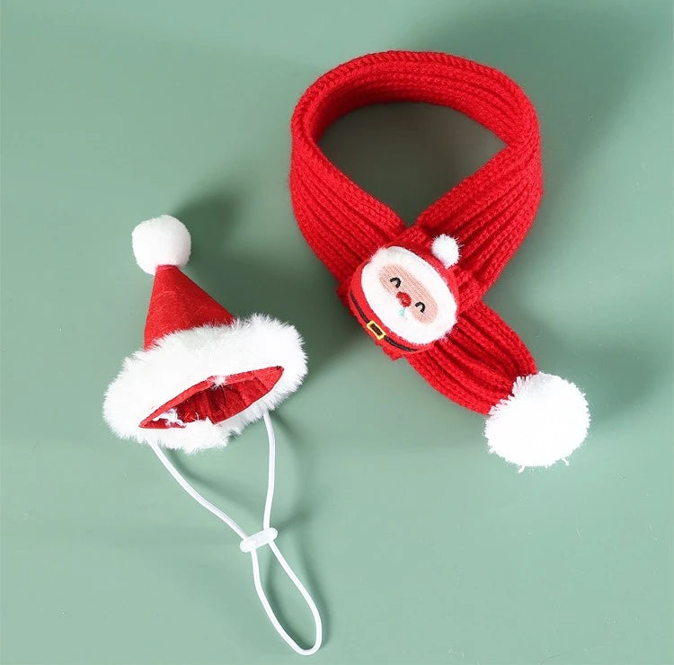 Christmas Cat Dog Scarf Hat Pet Wool Scarf Snowflake Ball Knitted Red and Green Bell Snowman Tree Cat Accessories