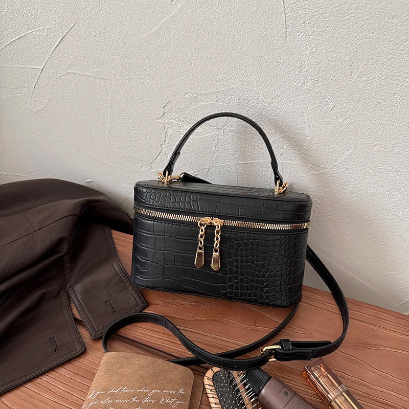 Luxury Crocodile Pattern Box Handbag for Women Elegant Faux Leather Mini Crossbody Bag Portable Top Handle Shoulder Purse