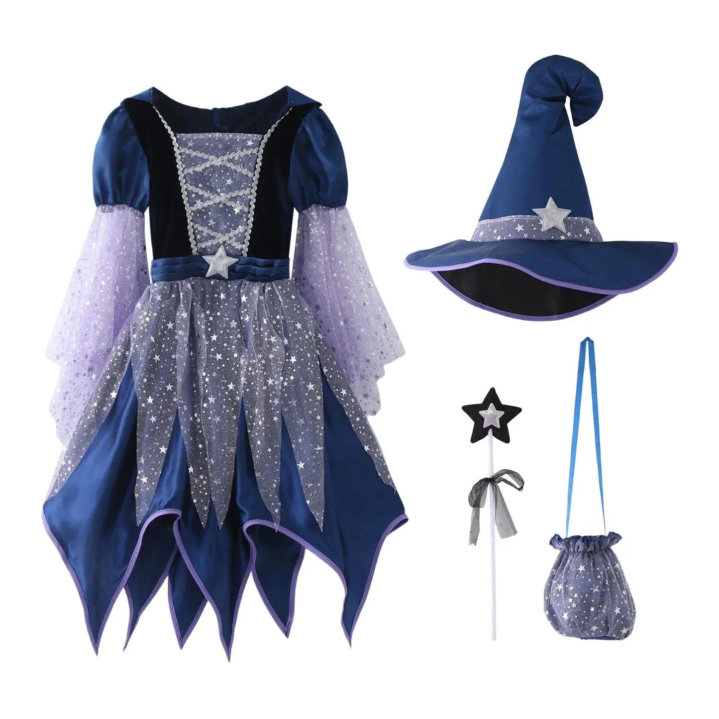 2026 Halloween Blue Witch Costume for Girls with Witch Hat Wand Bag Accessory Set 2-12T Girl Role Play Party Dress Vestidos