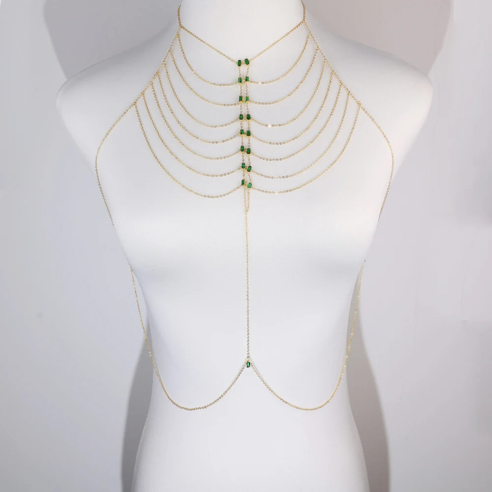Multi-layer Body Chain Necklace Dress Women Sexy Harness with Colorful CZ Paved Hollow Bling Tassel Chain Fashion Party Jewelry