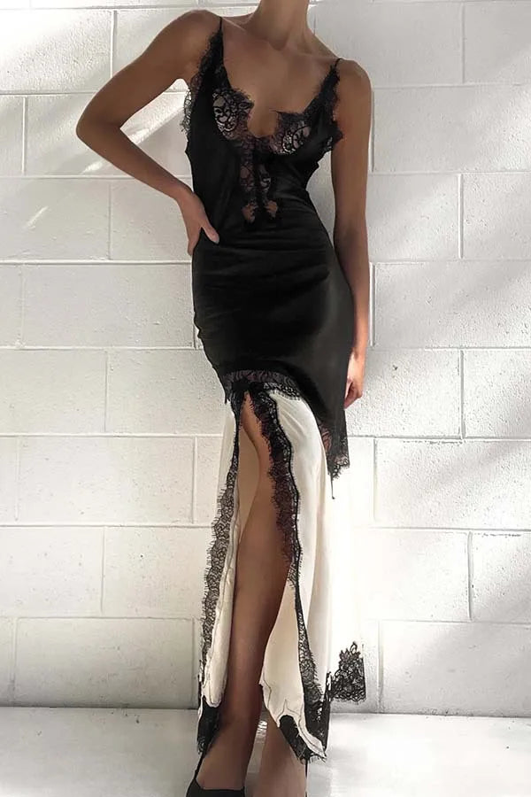 Chic Contrast Lace Embroidery Sling Dress Woman Sexy V Neck Hollow Slit Long Dress Summer New Sleeveless Irregular Evening Dress