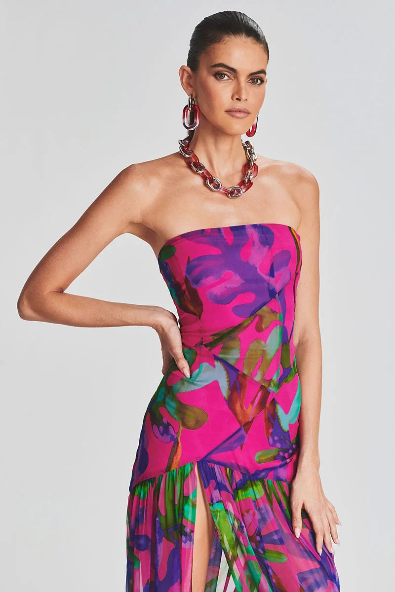 Women Sexy Dress Tropical Print Strapless Mesh Patchwork Slit Hem Vacation Maxi Dress Slim Vintage Off Shoulder Summer Dresses