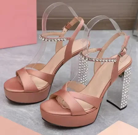 Luxury Crystal Chunky Heels Gladiator Sandals Women Sliver Leather Slingback High Heel Party Shoes Open Toe Women's Sandalias