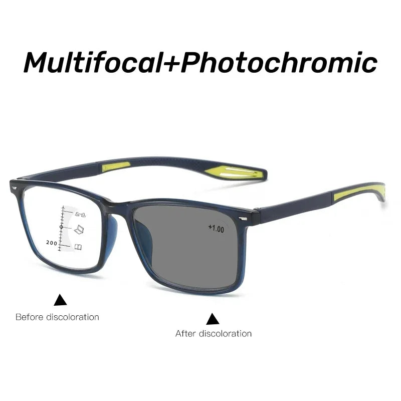 Color Changing Multifocal Presbyopia Glasses TR90 Sports Bifocal Near Far Sight Eyewear Finished Photochromic Reading Eyeglasses