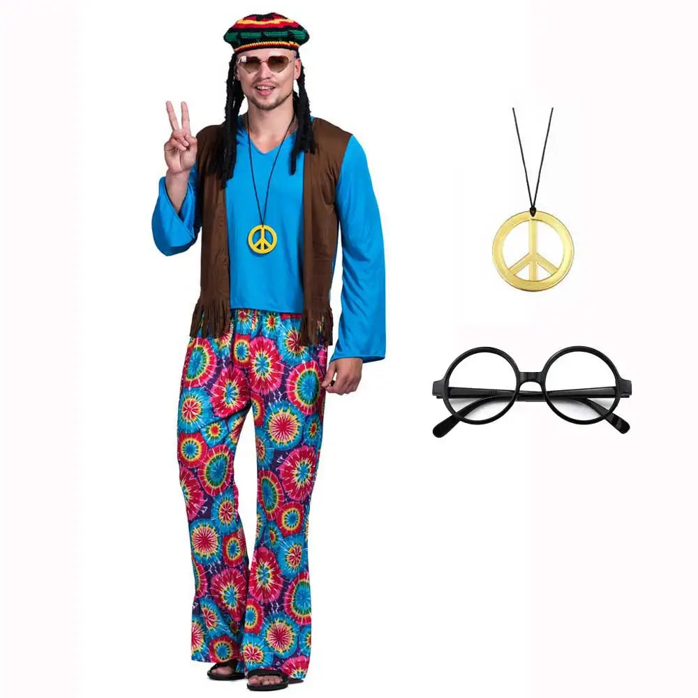 Halloween Hippie Costume Men 60s 70s Hippie Set Pants Shirt Fringe Vest Glass Frame Necklace Rasta Hat Dreadlocks