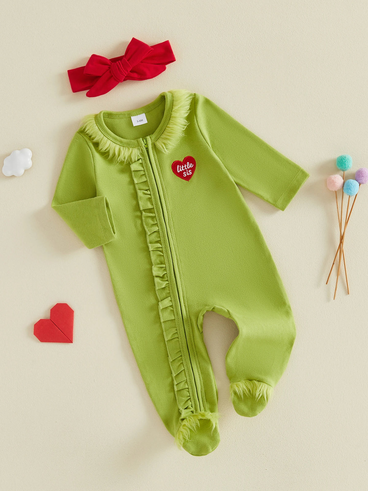 Baby Girls Christmas Ruffles Zipper Romper Green Plush Trim Jumpsuits and Headband Winter Baby Playsuits Clothes