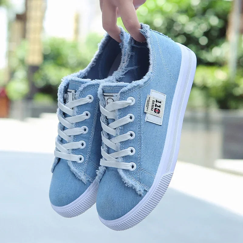 Outdoor Walking Trainers Women Running Shoes Summer Fashion White Canvas Lace-Up Breathable Jogging Casual Sneakers