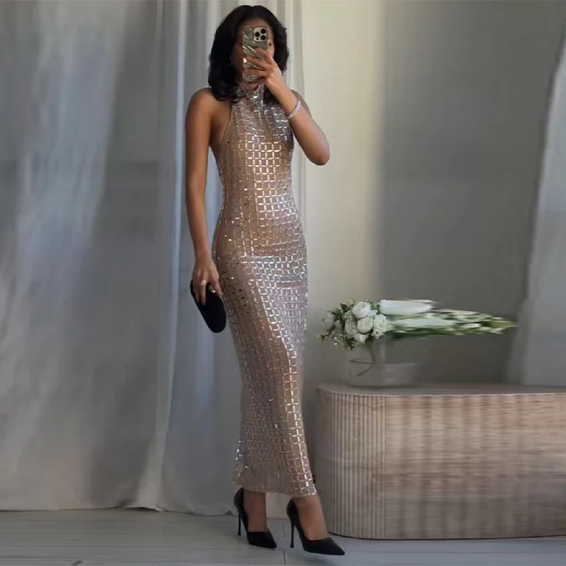 Sexy See Through Shinny Party Maxi Dress For Women O Neck Sleeveless Slim Fit Long Vestidos 2025 New Lady High Street Robes