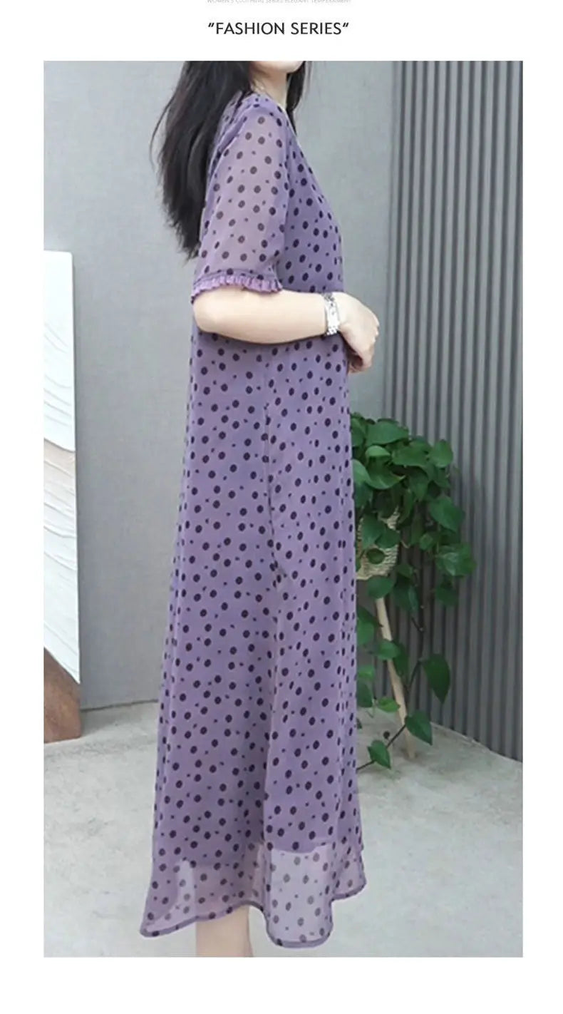 Elegant O-Neck Printed Polka Dot Chiffon Short Sleeve Dress Women's Clothing 2024 Summer New Loose Office Lady Midi Dress