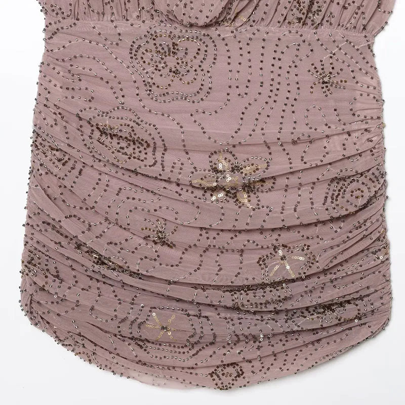 Sequin Rhinestone Woman Summer Dress Short Prom Backless Mini Dresses V-Neck Halter Tops Mini Dress Pink Pleated Ladies Clothes