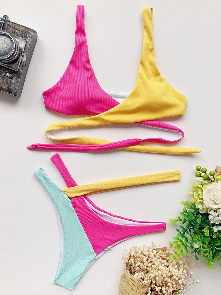 Sexy Splicing Cross Bandage Thong Bikini Female Swimsuit Women Swimwear Two Pieces Bikini Set Bathing Suit Swim Beach Wear Lady
