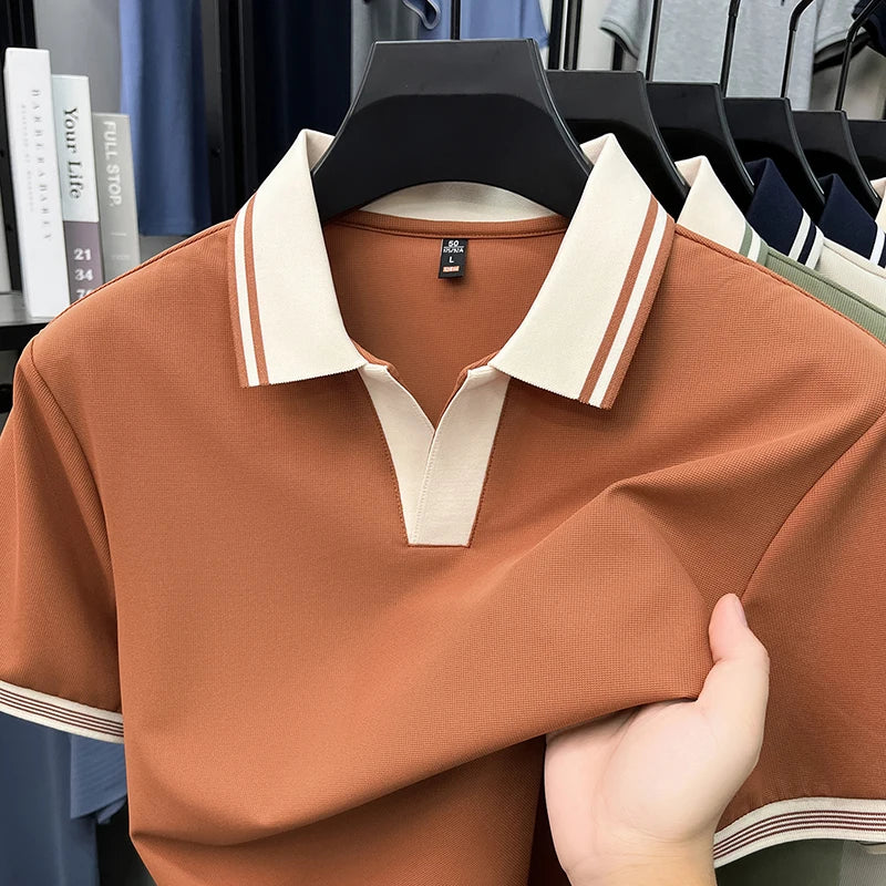 Light luxury summer new short sleeve polo shirt silky breathable high-end men's fashion personalized color blocked lapel T-shirt