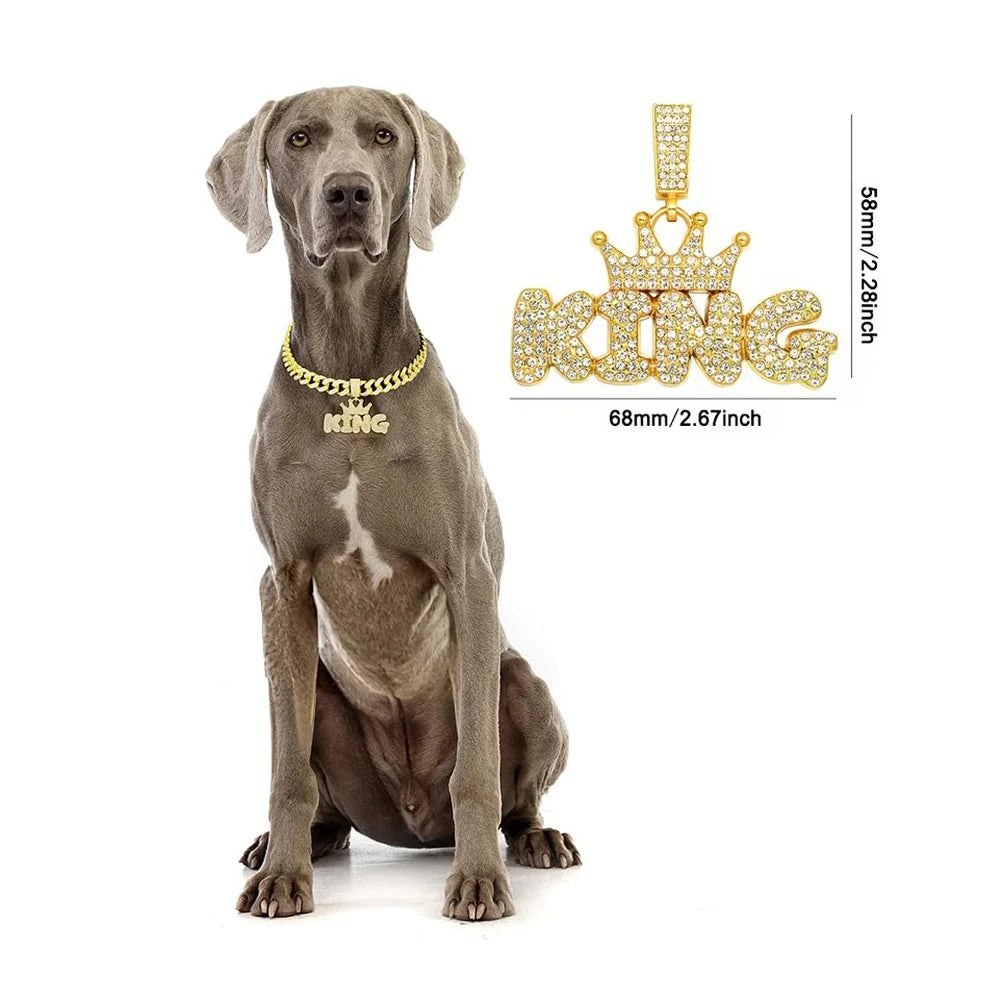 Cuban Dog Chain, Aluminum Alloy Pet Dog Collar, Gold Necklace for Small to Large Dogs Cats King Queen Pendant Jewelry Accessory
