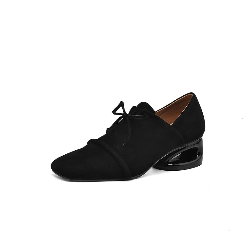 2025 New Women Pumps Sheep Suede Leather Shoes for Square Toe Low Heel Shoes Casual Lace-up Handmade Shoes 34-42 Women Heels