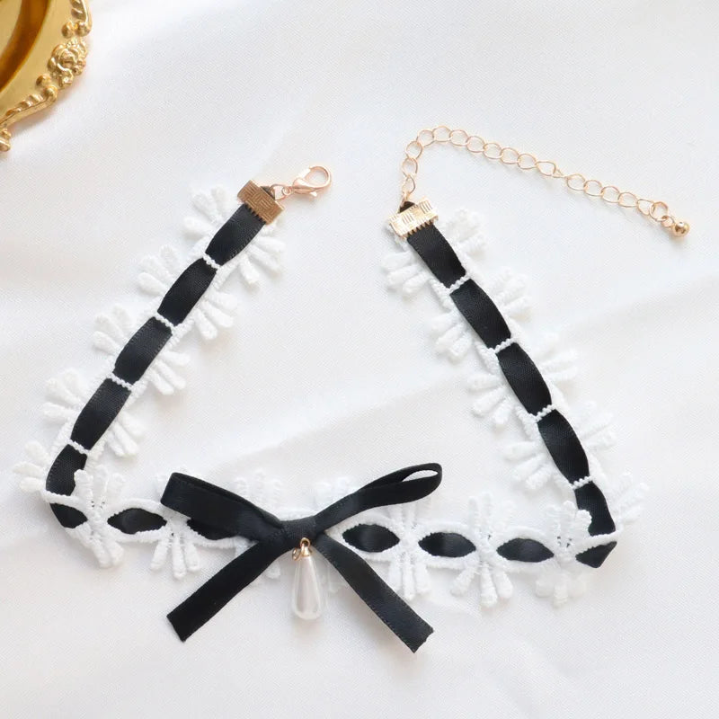 Women's Sexy Bow Lace Necklace with Pearl Drop Clavicle Choker in White Pink Black Purple - Elegant Lady Jewelry Gift