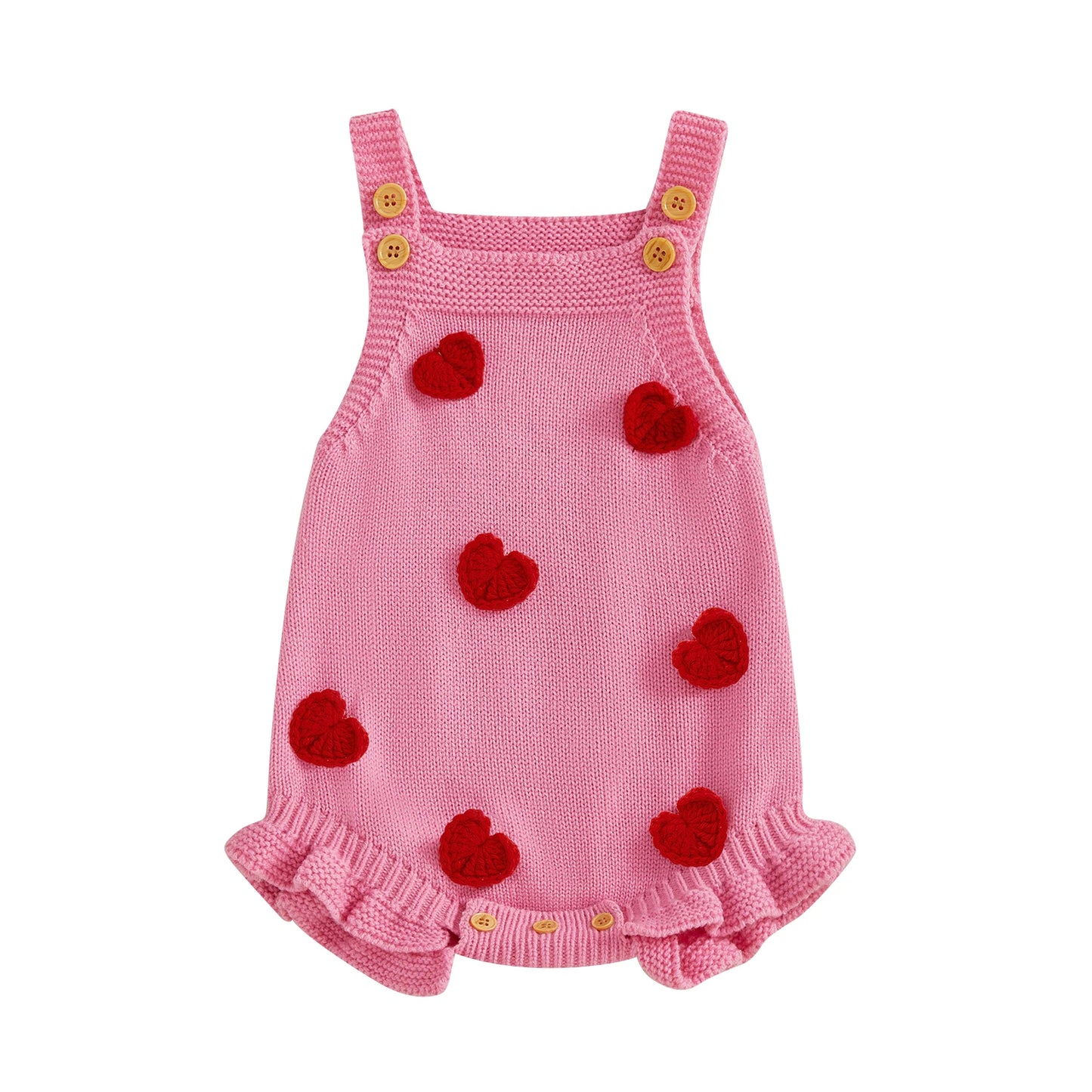 Baby Girl Valentine’s Day Romper Sleeveless Square Neck Heart Bodysuit Newborn Knit Overalls