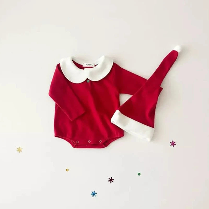 Unisex Baby Cute Triangle Romper with Hat for Christmas Boys Lapel Collar Long-Sleeve Onesie Girls Comfortable New Year
