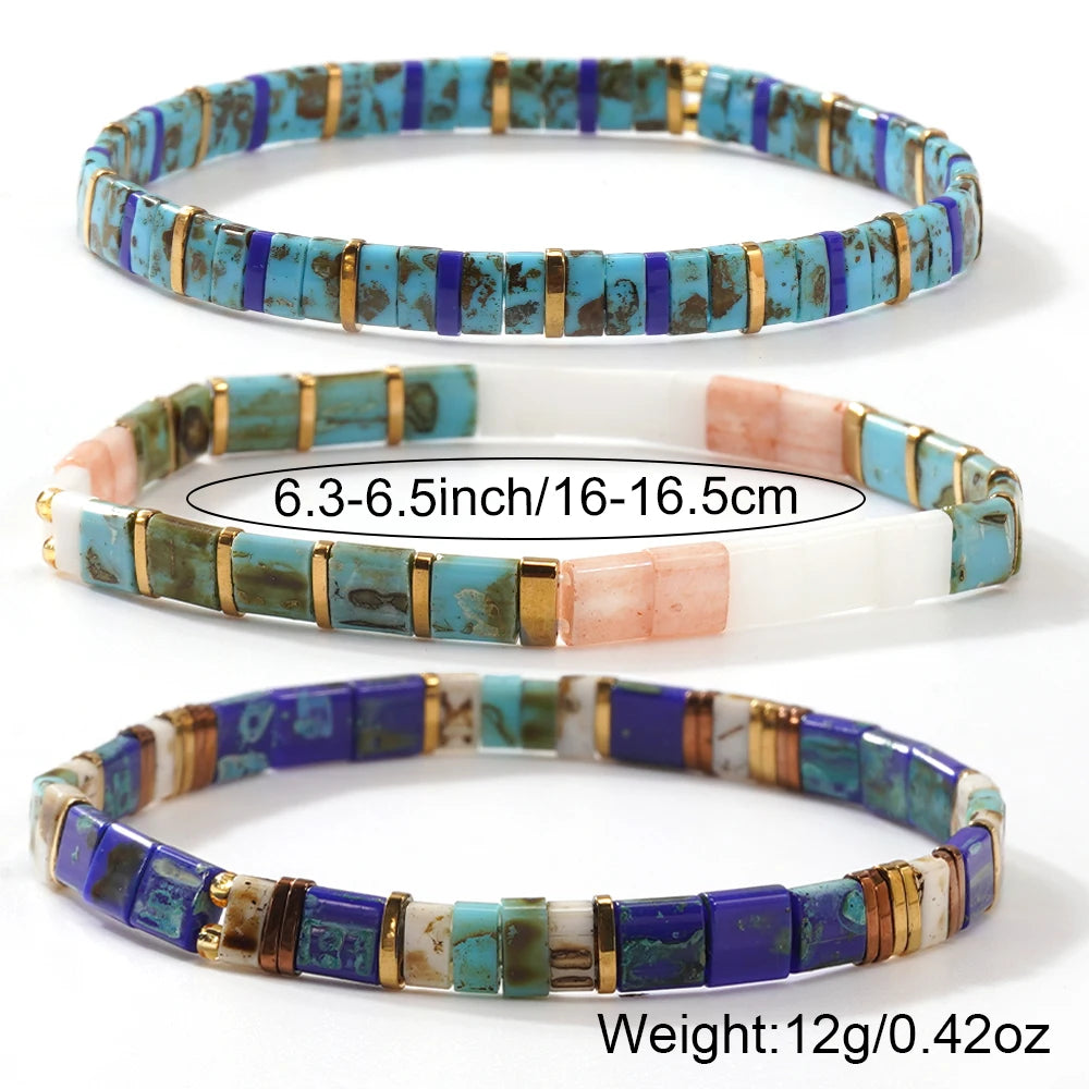3PCS Colorful Tile Beaded Bracelet Set for Women Girls, Boho Square Beads Stretch Bracelets Summer Beach Holiday Fashion Jewelry