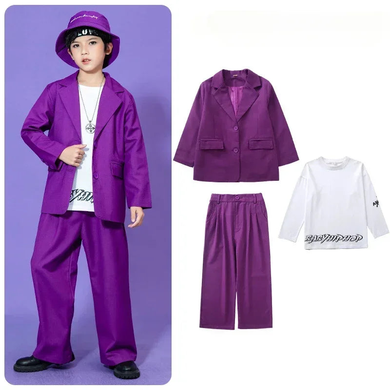 Kids Hip Hop Dance Costume Boys Girls Blazer Pants Set Streetwear Outfit for Stage Performance Competition Jazz Dance Photoshoot