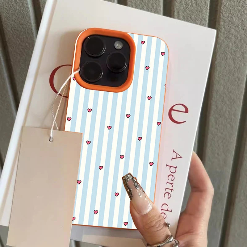 Striped Love Heart Pattern Lychee Texture Silicone Phone Case For iPhone 17 16 15 14 13 12 11 Pro Max 15 Plus 17 Air Soft Cover