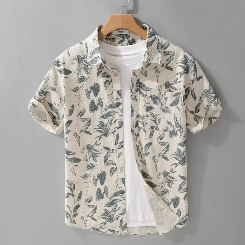 Vacation Leaf Print Linen Blend Short Sleeve Shirt Mens Lapel Casual Breathable Top