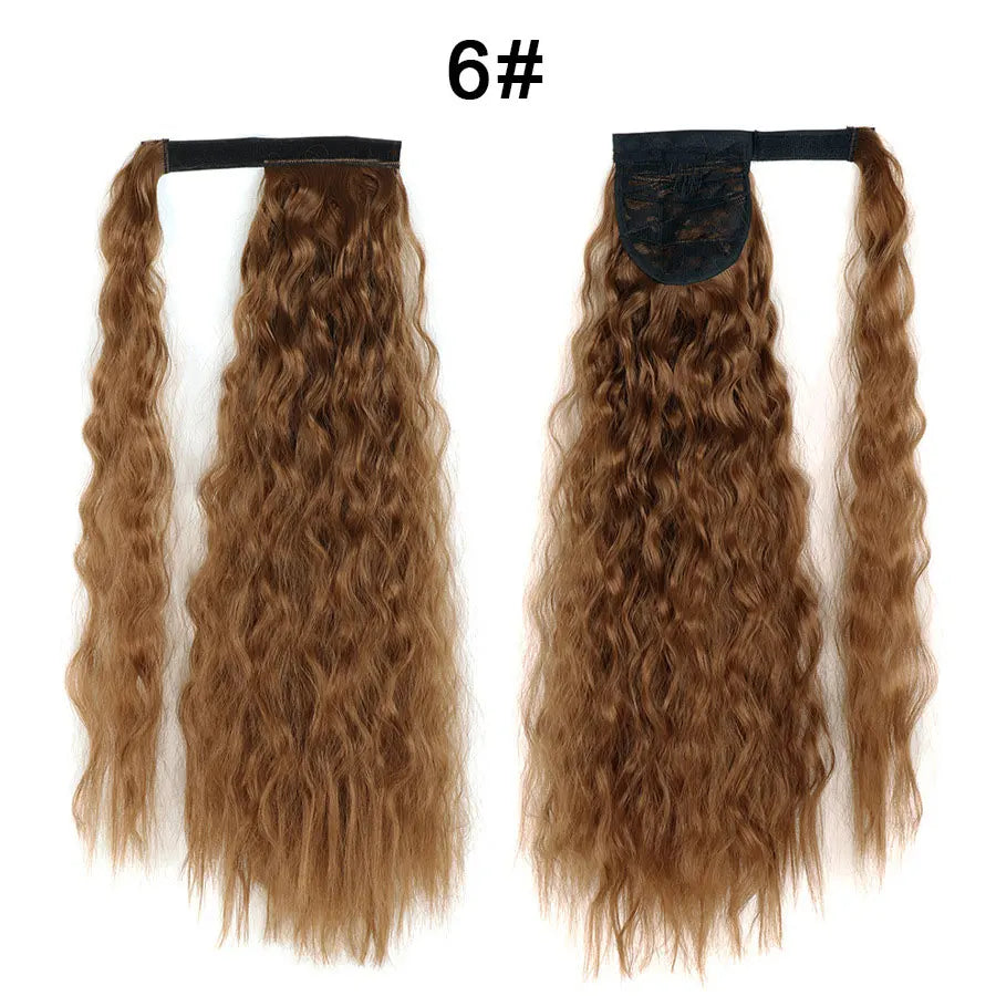 Synthetic Long Corn Wave Ponytail Extension Magic Paste Heat Resistant Wavy Wrap Around Ponytail Black Hairpiece for Women