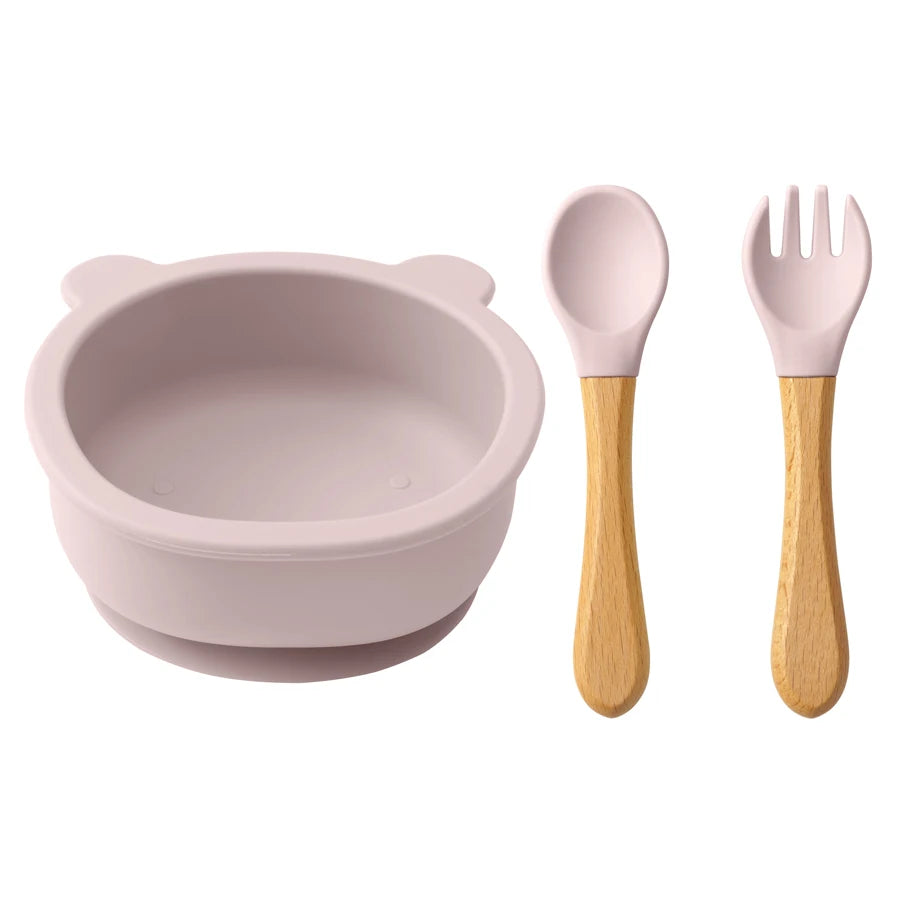 Mamaplan Baby Silicone Tableware Wooden Handle Spoon Fork Feeding Sucker Bowl Training Learning Baby Stuff Baby Dinner Set
