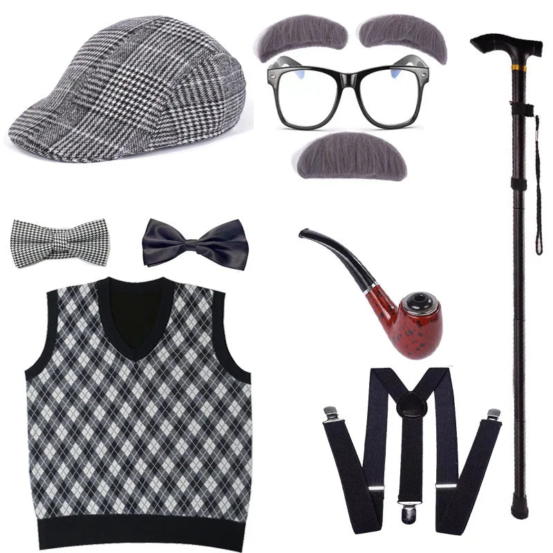 2024 New Kids 100 Days of School Costume for Boys Halloween Old Man Costume Hat Glasses Wig and Grandpa Vest Cane Full Set Child