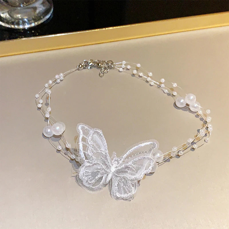 Elegant Multilayer Pearl Neck Chain Fashion Butterfly Necklace For Women Wedding Jewelry Accessries Gift