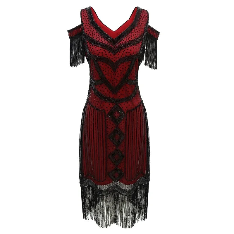 Women Fringe 1920s Flapper Dress 20s Gatsby Themed Party Dress Vintage V-neck Off Shoulder Sequin Beaded Cocktail Dress