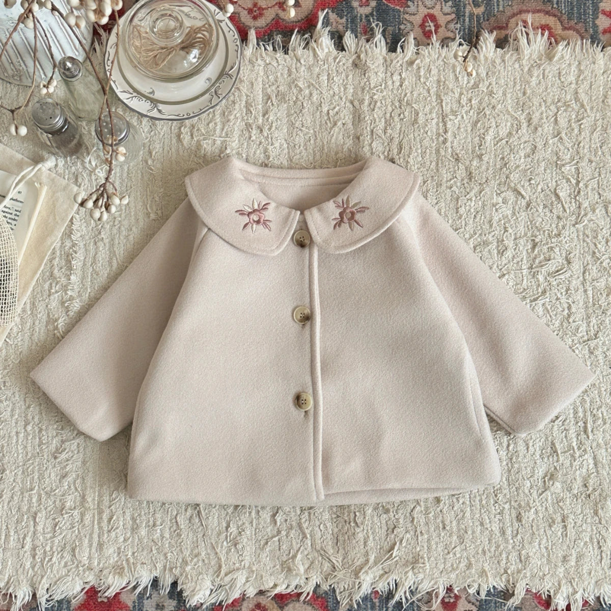 2026 Autumn Winter Baby Woolen Fabric Outerwear Sun Embroidery Collar Warm Coat for Infant Toddler Daily Jacket