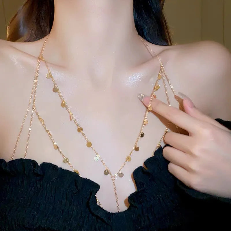 Fashionable Round Sequins Multilayer Chest Chain for Women Girl Simple Sexy Metal Body Chain Bikini Bra Accessories Gifts