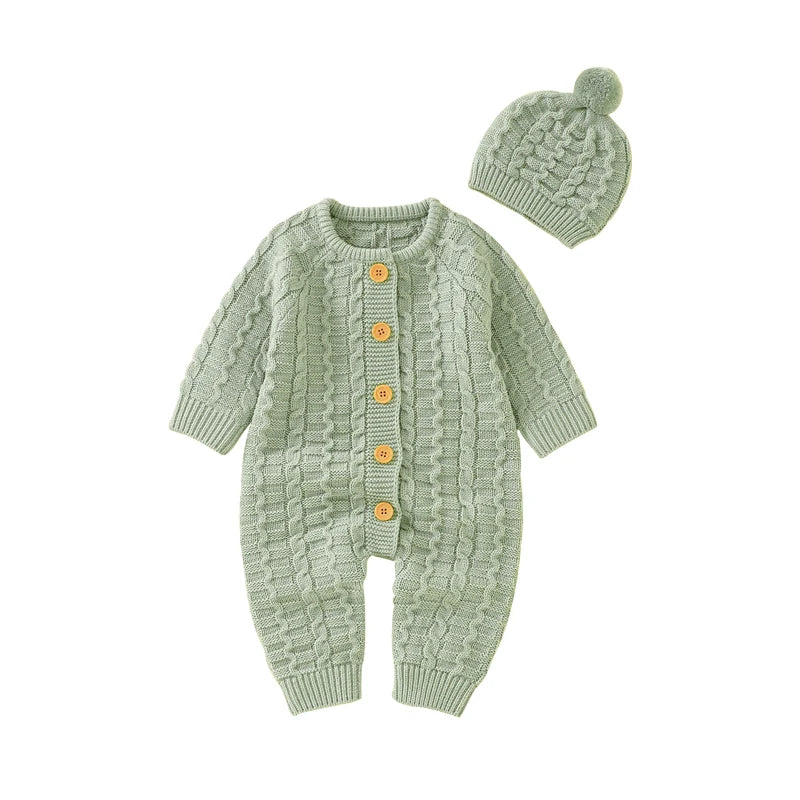 Winter Baby Rompers Clothes Solid Long Sleeve Knitted Newborn Boys Girls Jumpsuits Hats Outfits Sets 0-18m Autumn Infant Costume