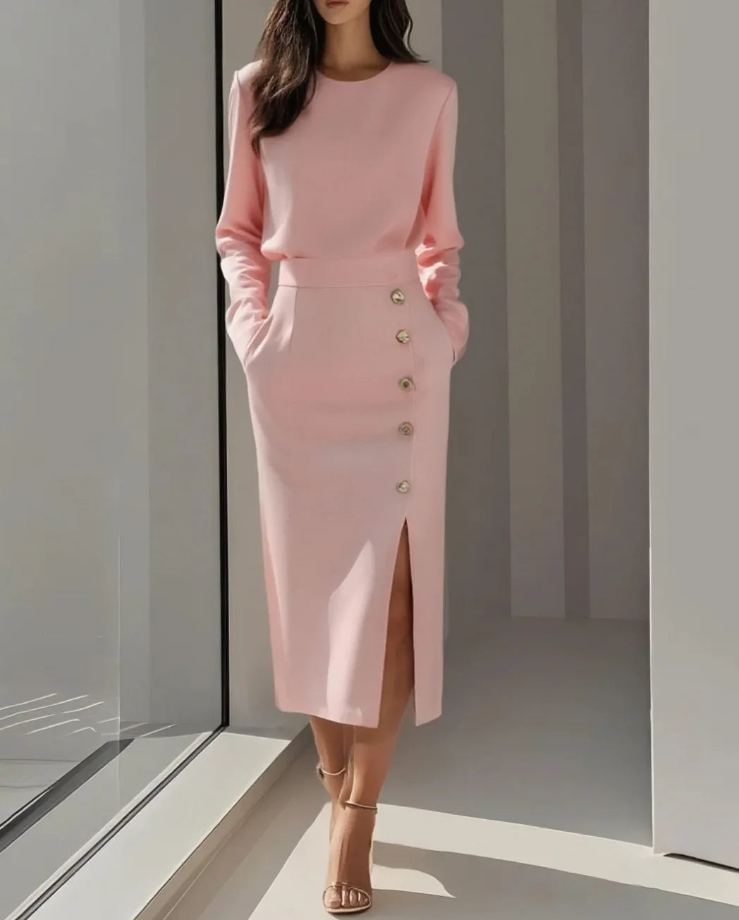 Spring Autumn Fashion O-neck Split Women Dress Elegant Button Solid Evening Dresses New Casual Sleeveless Slim Office Lady Dress