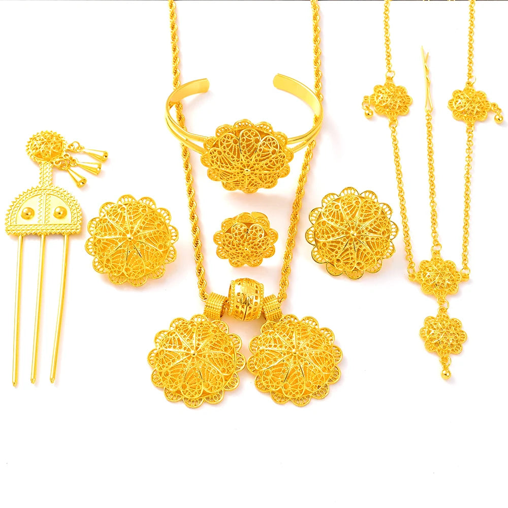 Luxury Golden Plated Bridal Jewelry Sets for Women Ethiopian Pendant Hairpin Necklace Earrings Bangle Ring Wedding Gift