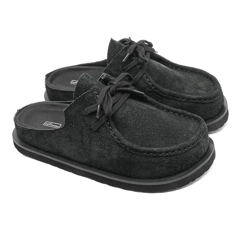 2025 Retro bag head lace-up leather one-pedal summer half slippers men and women couple cowhide shoes