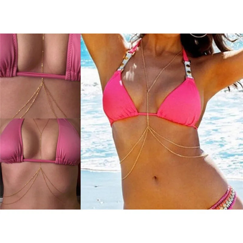 Female Body Jewelry Sexy Chest Chain Bikini Belly Chains for Women Cross Waist Chains Girl Fashion Beach Simple Luxury