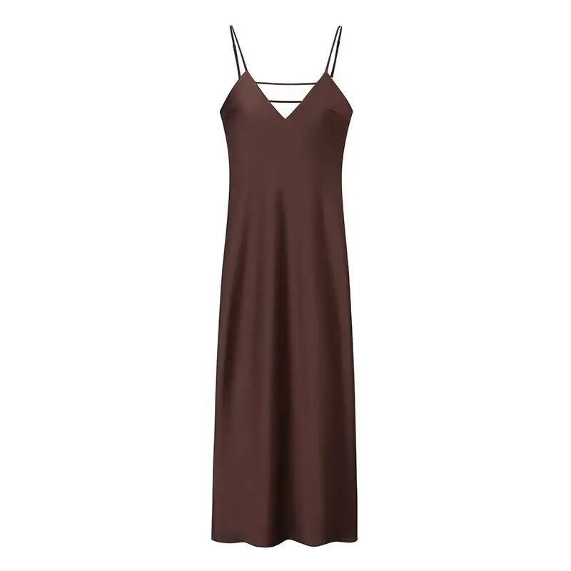 HH Women Summer Yellow Stain V Neck Sling Dress Elegant Sleeveless Loose Maxi Robes 2025 New Ladies Party Holiday Dresses