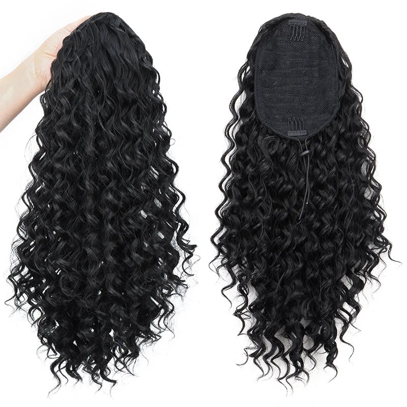 Synthetic 18Inch Long Kinky Curly Ponytail Drawstring Clip in Hair Extension Puff Afro Black Brown Hairpiece for Women