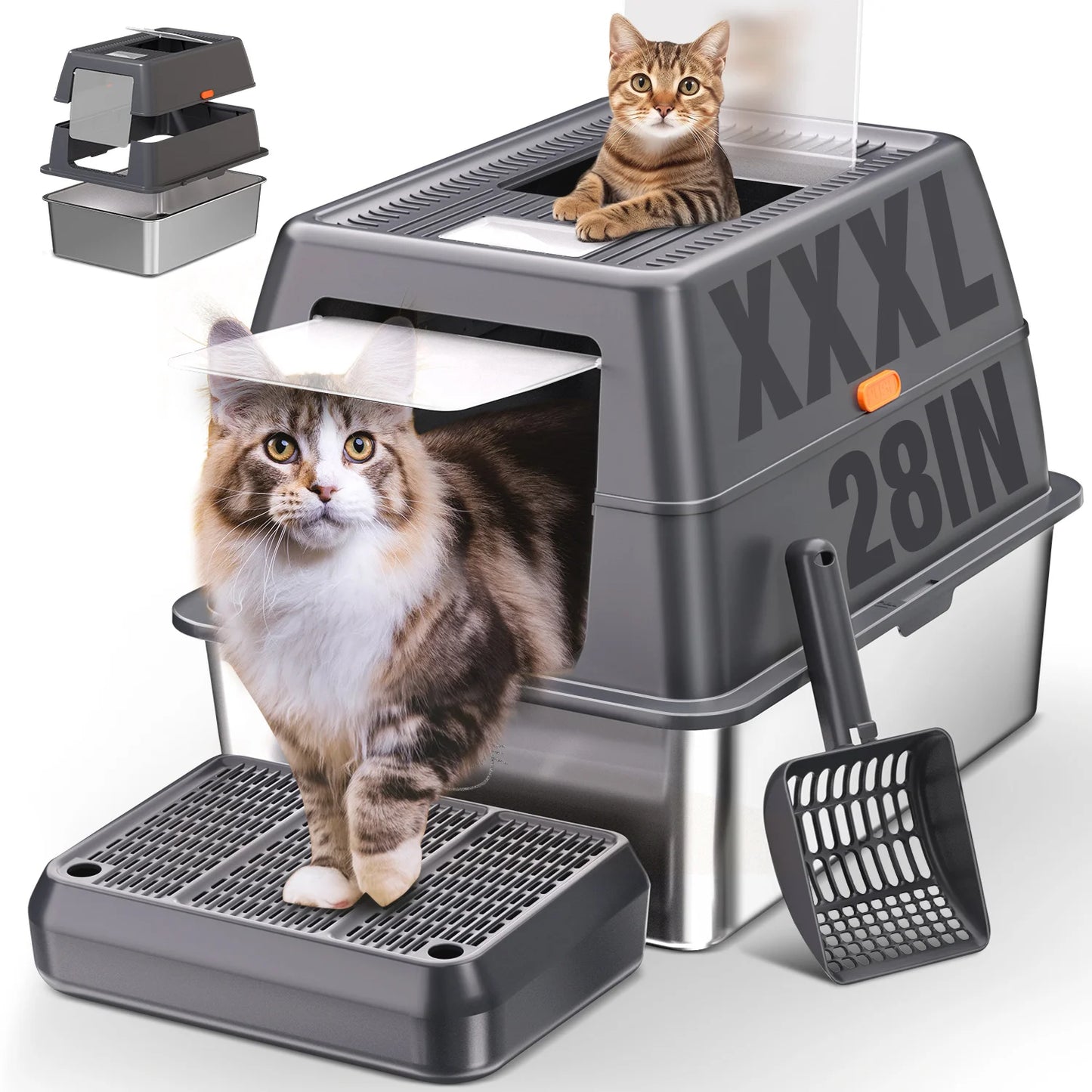 XXXL Stainless Steel Litter Box with Lid,Extra Large 28"L*20"W*18.1"H Metal Cat Litter Boxs,Jumbo Enclosed Removable Litter Box