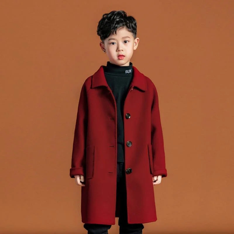 Boys Woolen Coat Overcoat Jacket Windbreak 2024 Red Warm Plus Thicken Autumn Winter Cotton School Children's Clothing