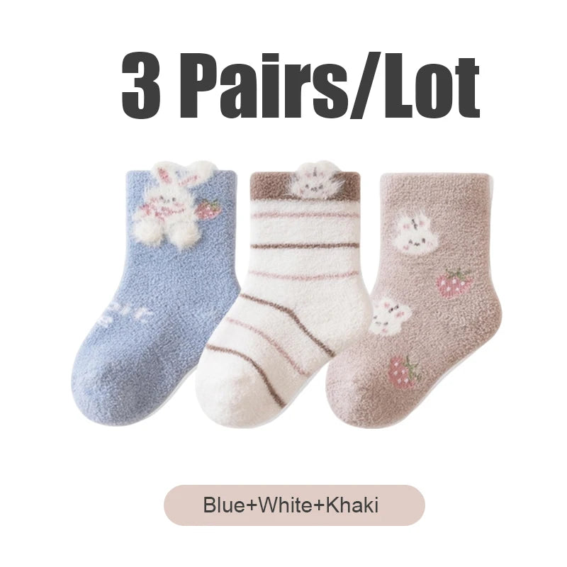 3/5 Pairs Cute Cartoon Newborn Girls Socks Winter Warm Mid Calf Toddler Socks Soft Thickened Socks for Infant Toddler Girls