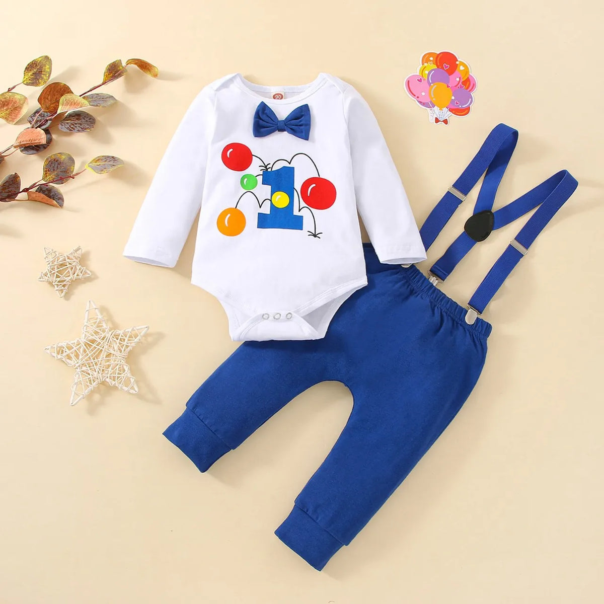 Prowow Baby Boy Cake Smash Outfits Balloon Letter"1" Romper and Y-back Strap Pants 3pcs Sets Baby Boy One Year Birthday Clothes
