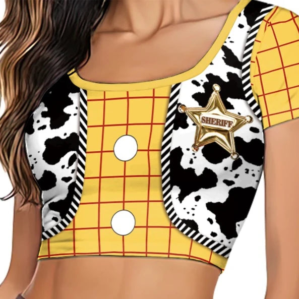 Halloween Woody Cosplay Costume For Women Movie Character Print Skirt Set Summer Short Sleeve Crop Top Party Performance Outfits